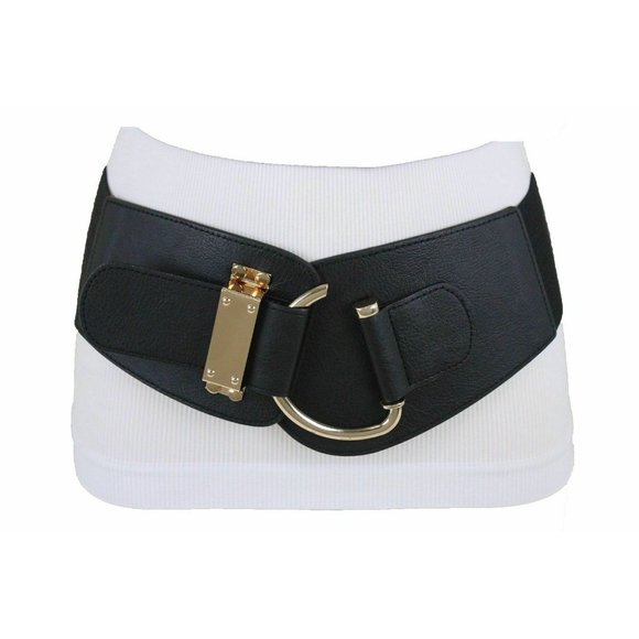 Women Gold Metal Hook Buckle Black Color Belt Wide Elastic  Hip Waist Size L XL - Picture 2 of 13